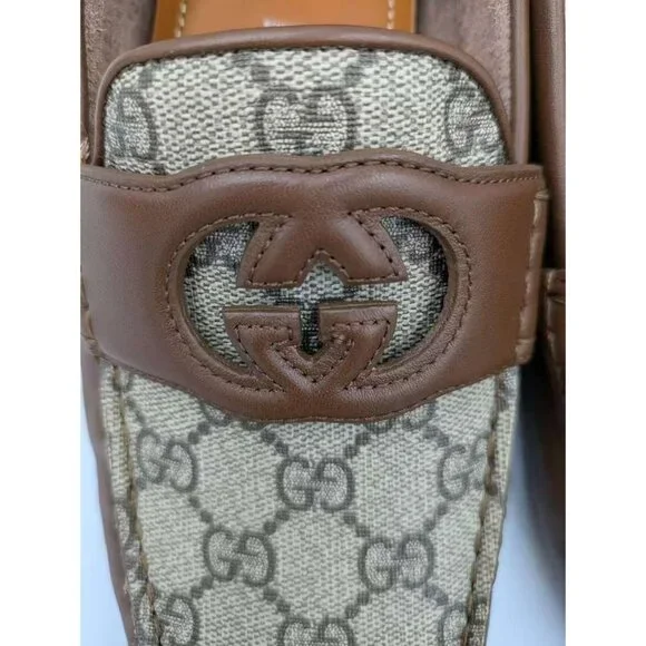 Gucci Men’s Interlocking G Supreme Driver Calfskin Loafers Brown Sugar UK9 73014 - Picture 6 of 12